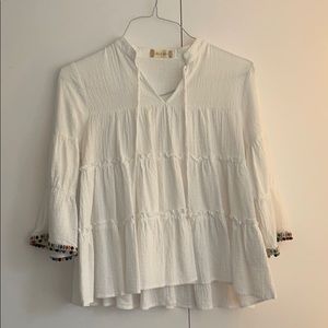 altard state white blouse with pom pom sleeves